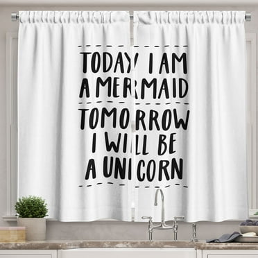 Ambesonne Im Mermaid Kitchen Curtains, Optimism Slogan, 55"x39", Black White