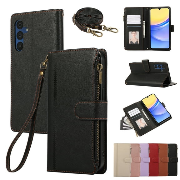 Zipper Wallet Cover for Samsung Galaxy S25 Plus, Case with Crossbody Strap & Wrist Strap Card Holder Folding Stand Premium PU Leather Folio Flip Phone Case for Women for Galaxy S25 Plus, Black