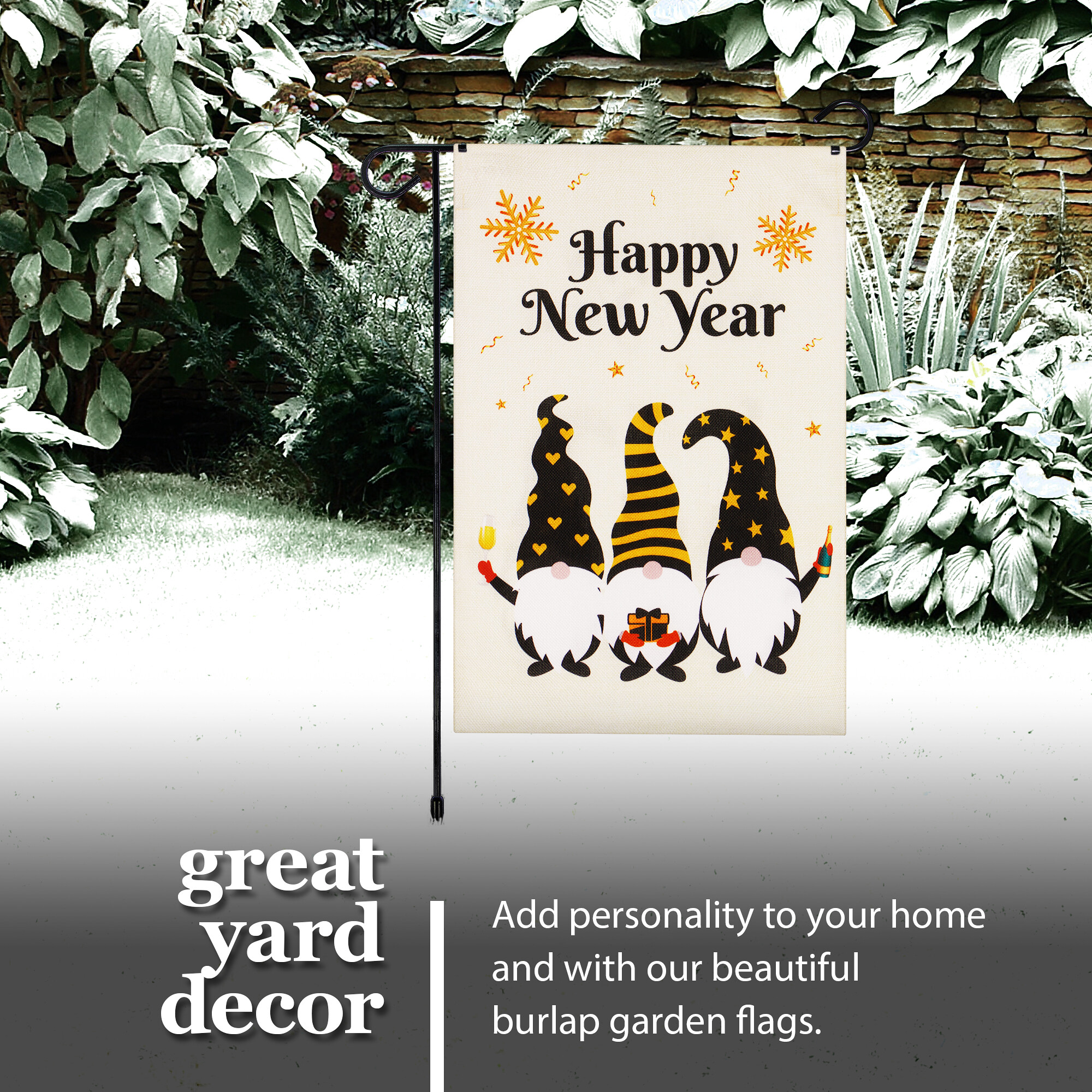G128 Set: 36"x16" Garden Stand AND 12"x18" Double-sided New Year Garden Flag Three Gnomes Burlap