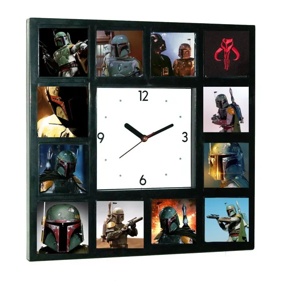 Star Wars The Mandalorian Bounty Hunter faces of Boba Fett Clock with 12 pictures