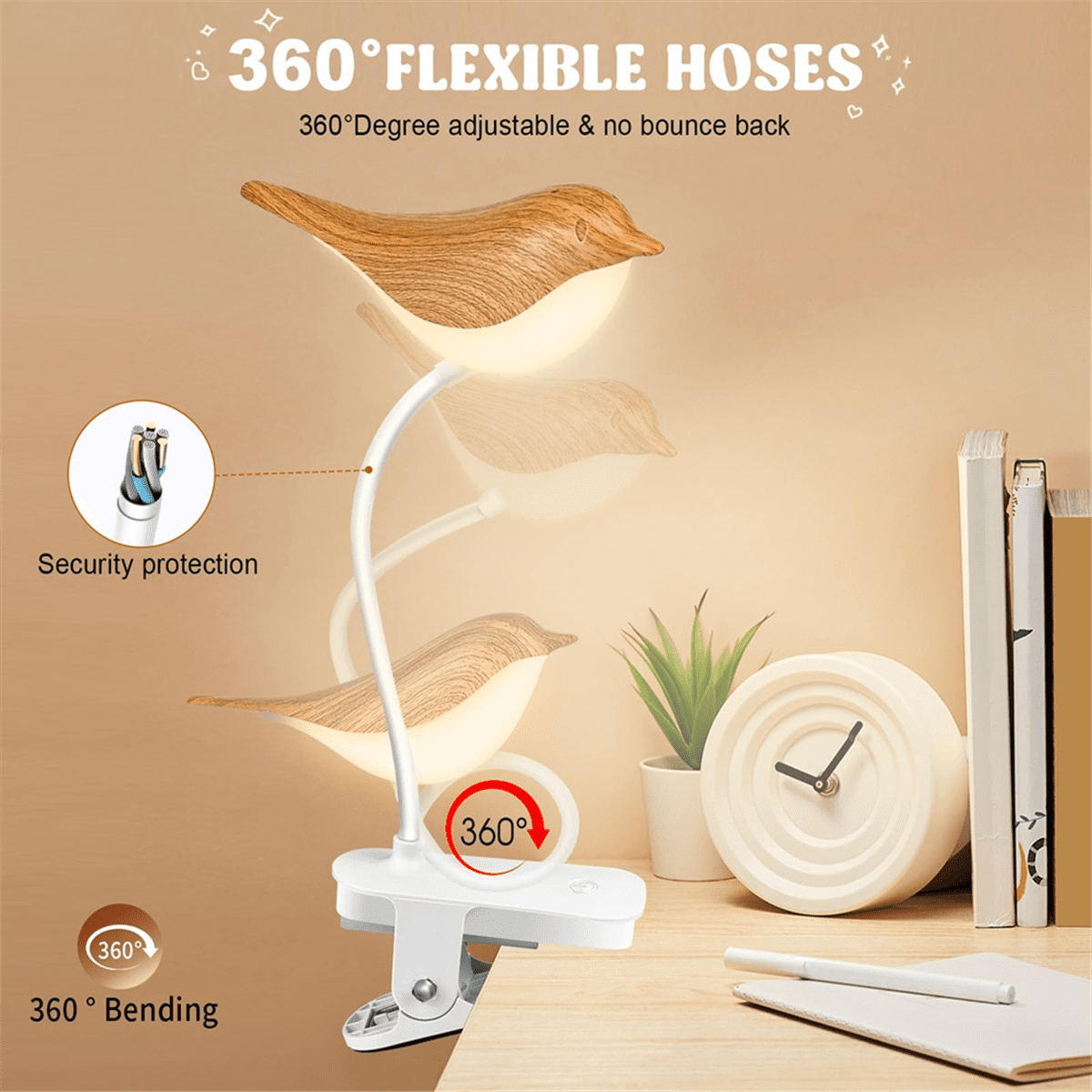 Small Bird Lamp,Dimmable and Cordless Bird Night Light, USB Rechargeable Touch Sensor Control Table and Desk Lamp,1 * night light 1 * USB cable,White & Wood Grain