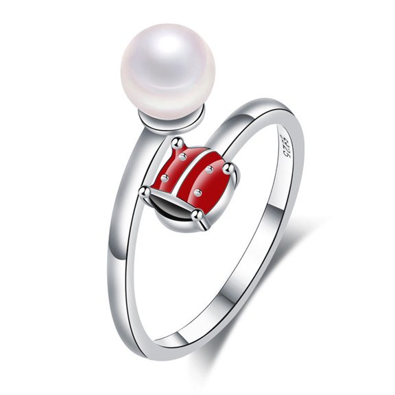Womens Sterling Silver Ladybug Ring with Diamond Accent Adjustable Insect Ring Diamond Set Ladybug Jewelry Gift for Her