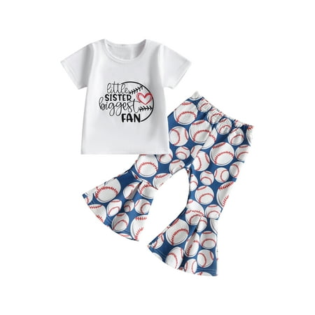 

Qtinghua Toddler Baby Girls Baseball Outfit Little Sister Biggest Fan Romper Bell Bottoms Clothes