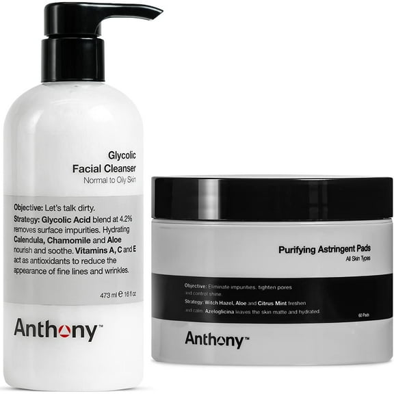 Anthony Glycolic Facial Cleanser, Normal to Oily Skin, 16 Fl Oz and Anthony Purifying Astringent Toner Pads, 60 Count