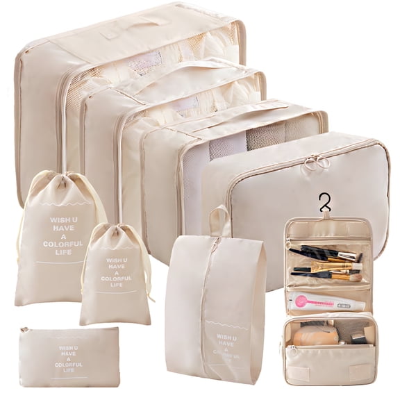 9-Piece Beige Travel Packing Cubes Set - Large Capacity, Waterproof & Breathable for Organized Trips