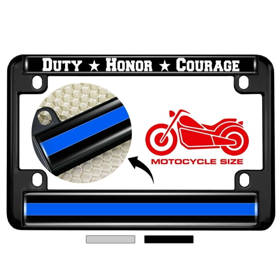 Motorcycle Metal License Plate Frame with Duty Honor Courage Thin Blue Line (Stripe) Support Law Enforcement Design - Black