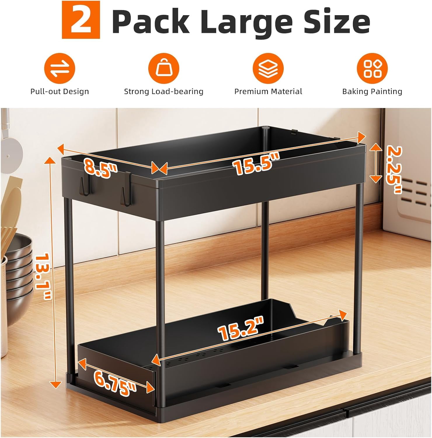 Under Sink Organizer 2 Pack, Sink Pull-Out Sliding Storage Cabinet, 2-Tier Under Shelf Organizer for Kitchen Bathroom, Black