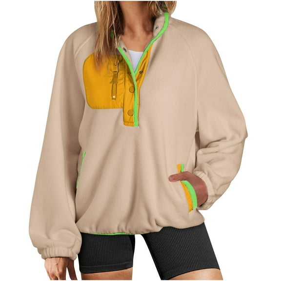 Fnooota Womens Fleece Sweatshirts, Casual Pullover Half Zip Warm Fall Winter Tops Khaki Size S-2XL
