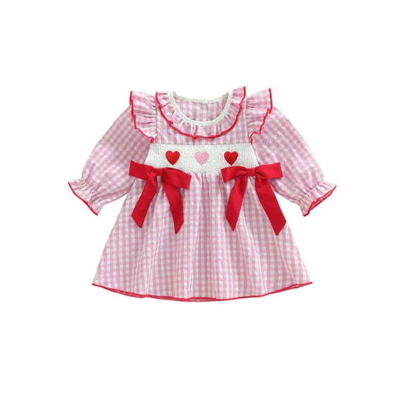 BemeyourBBs Toddler Baby Little Girls Valentines Day Dress Outfits Long Sleeve Ruffled Round Neck Embroidery Plaid A-line Smocked Dress Spring Summer Clothes