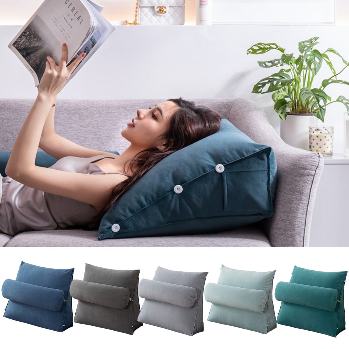 Three Gear Adjustable Back Wedge Cushion Pillow 17.7x17.7x7.87in Sofa Bed  Office Chair Rest Cushion Waist Neck Support Pillow with Small Pockets 