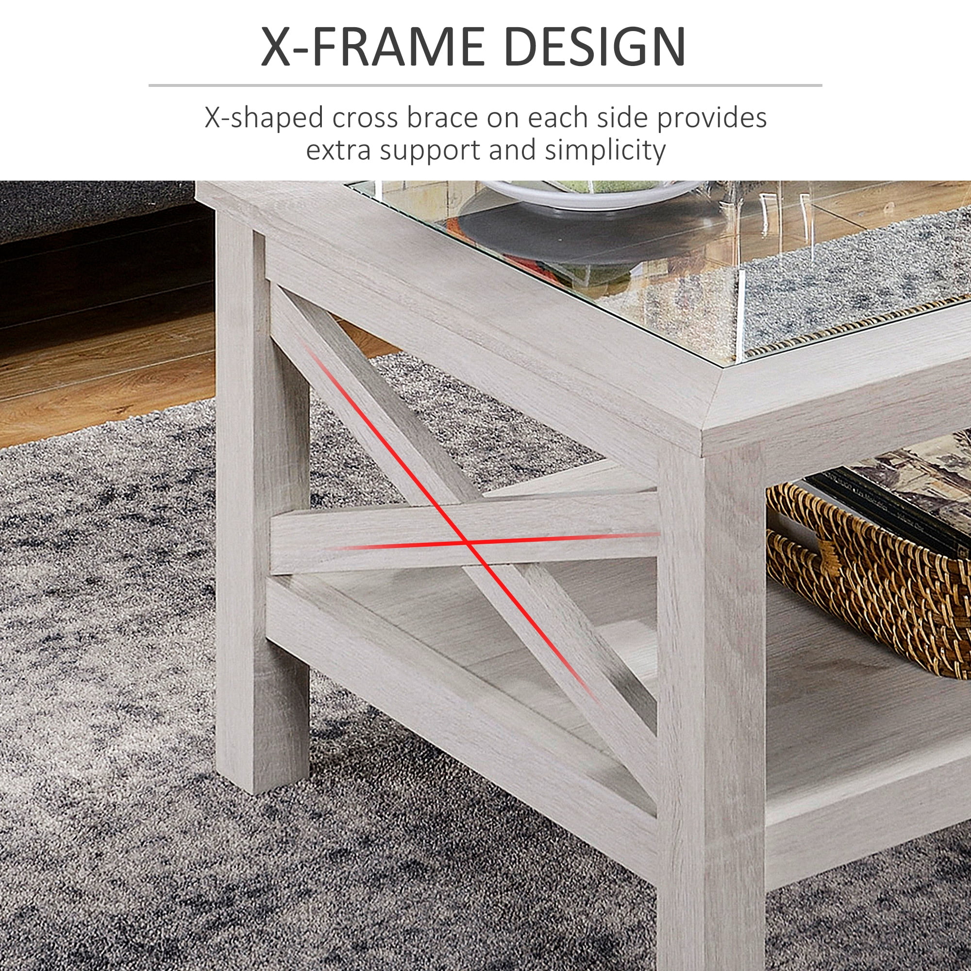 HOMCOM Farmhouse Style Coffee Table with Wood Frame, Tempered Glass Tabletop and Underneath Storage Shelf, Side Table for Living Room, 39.25"x21.75", White Oak