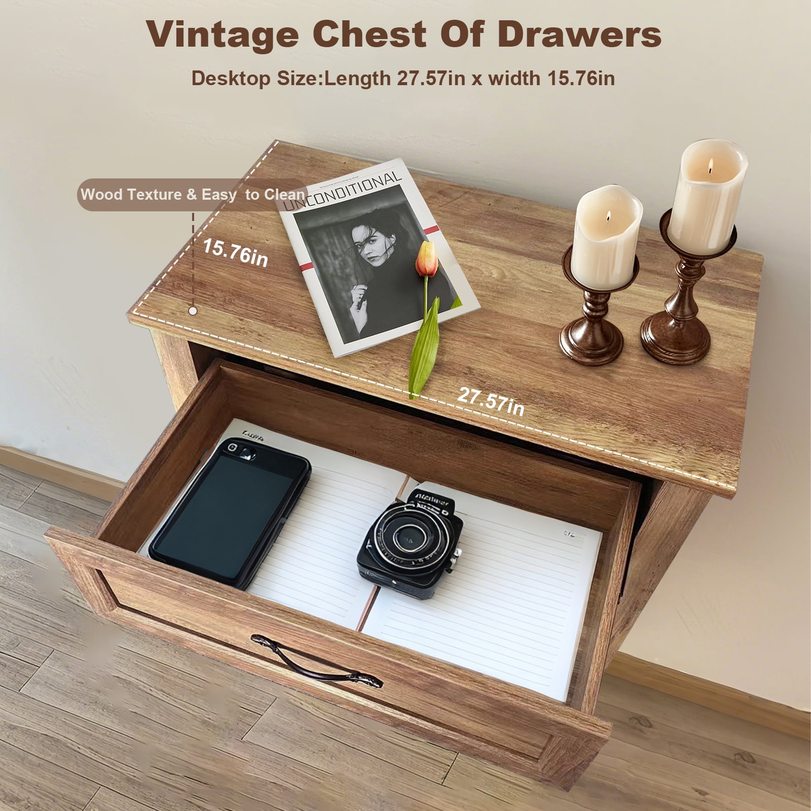 Tzou 5 Drawer Dresser, Farmhouse Tall Dresser for Closet, Rustic Chest of Drawer with Wide Metal Handles, Wood Dressers Organizer for Bedroom, Living Room, Hallway