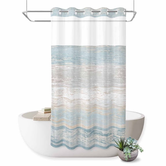 No Hook Shower Curtain, Blue Beige Farmhouse Shower Curtains for Bathroom with See Through Top Window, Vintage Wooden Striped Waterproof & Washable Bath Curtain Small Stall 36"x78"