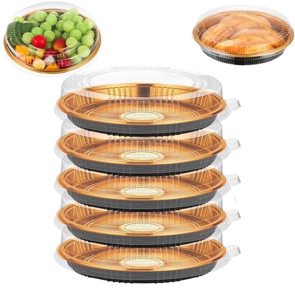 5 Pcs Durable Plastic Pie Carriers Round Serving Tray with Clear Lid 9.8" Disposable Black Gold Pizza Container for Takeout by Topboutique