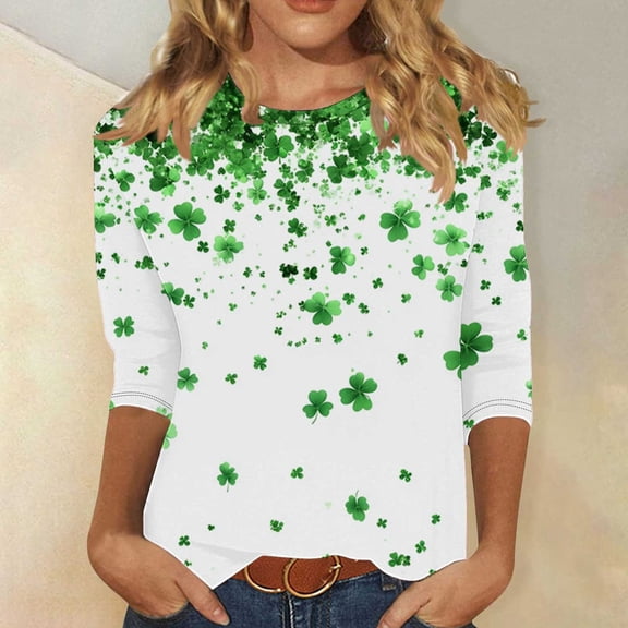 Odbmxy T-Shirt Women 3/4 Sleeve St. Paddy's Day Shamrock Womens Shirt Party Pullover Regular Casual Green Shirts