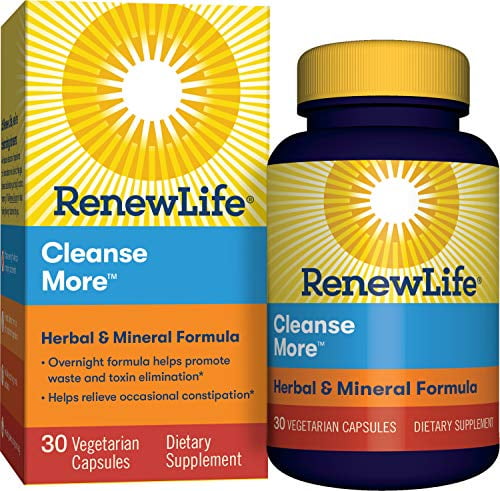 Renew Life Adult Cleanse - Cleanse More, Herbal & Mineral Formula - Overnight Constipation Relief - Gluten, Dairy & Soy Free - 30 Vegetarian Capsules (Package May Vary)