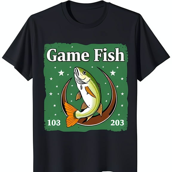 Game Fish Graphic Black T-Shirt with Green & Cartoon Fish Design