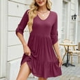 thumbnail image 6 of WCMZJ Women's Casual Half Sleeve V Neck Tiered Swing Flowy Loose A-line Cute Mini Short Spring Summer Dress Wine S, 6 of 7