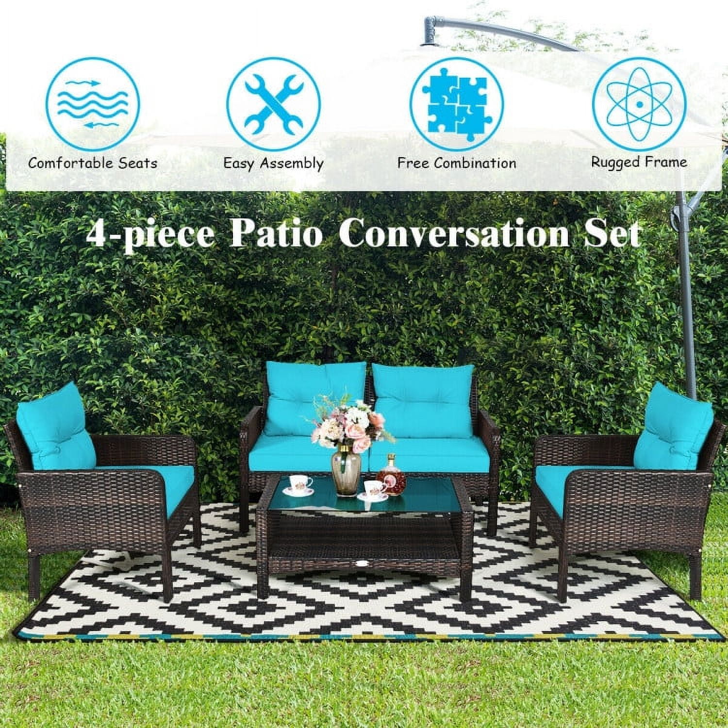 Aimee Lii 4 Pieces Outdoor Rattan Wicker Loveseat Furniture Set with Cushions, Small Patio Set, Turquoise Aimee Lii 4 Pieces Outdoor Rattan Wicker Loveseat Furniture Set with Cushions, Small Patio Set, Turquoise