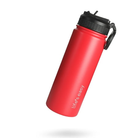 

Life’s Easy - Insulated Water Bottle with Straw Lid and Loop Handle Vacuum Insulated Bottles for Hot and Cold Drink Red 18oz