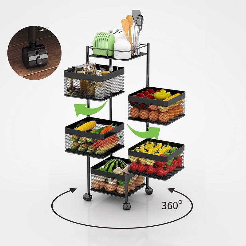 5-Tier Rotating Kitchen Storage Cart, Metal Fruit Basket with Wheels, Rolling Kitchen Storage Rack Storage Organizer Serving Cart for Kitchen Bathroom