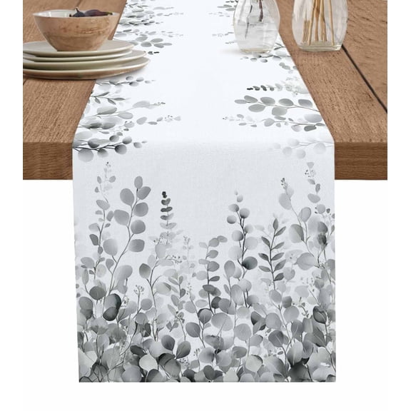 ERUNPONLY Eucalyptus Grey Table Runner - 72 Inch Long Farmhouse Leaves Summer Spring Leaf Cotton and Linen Blended Dress Scarves Farmhouse Table Runner for Kitchen Dining, Coffee Table, 14" x 72"