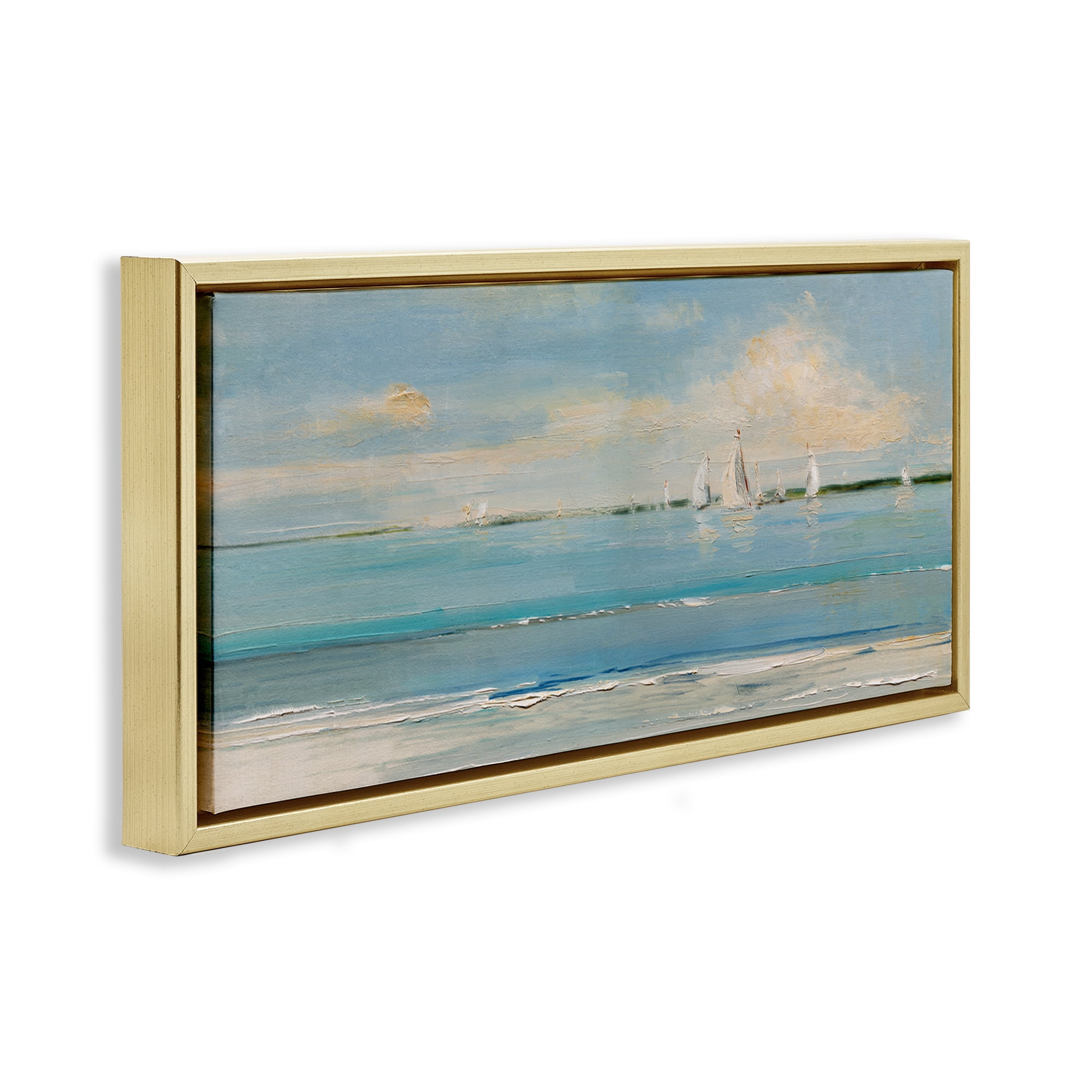 Stupell Industries Distant Painterly Sailboats Nautical & Beach Painting Gold Floater Framed Canvas Art Print Wall Art, 31 x 14