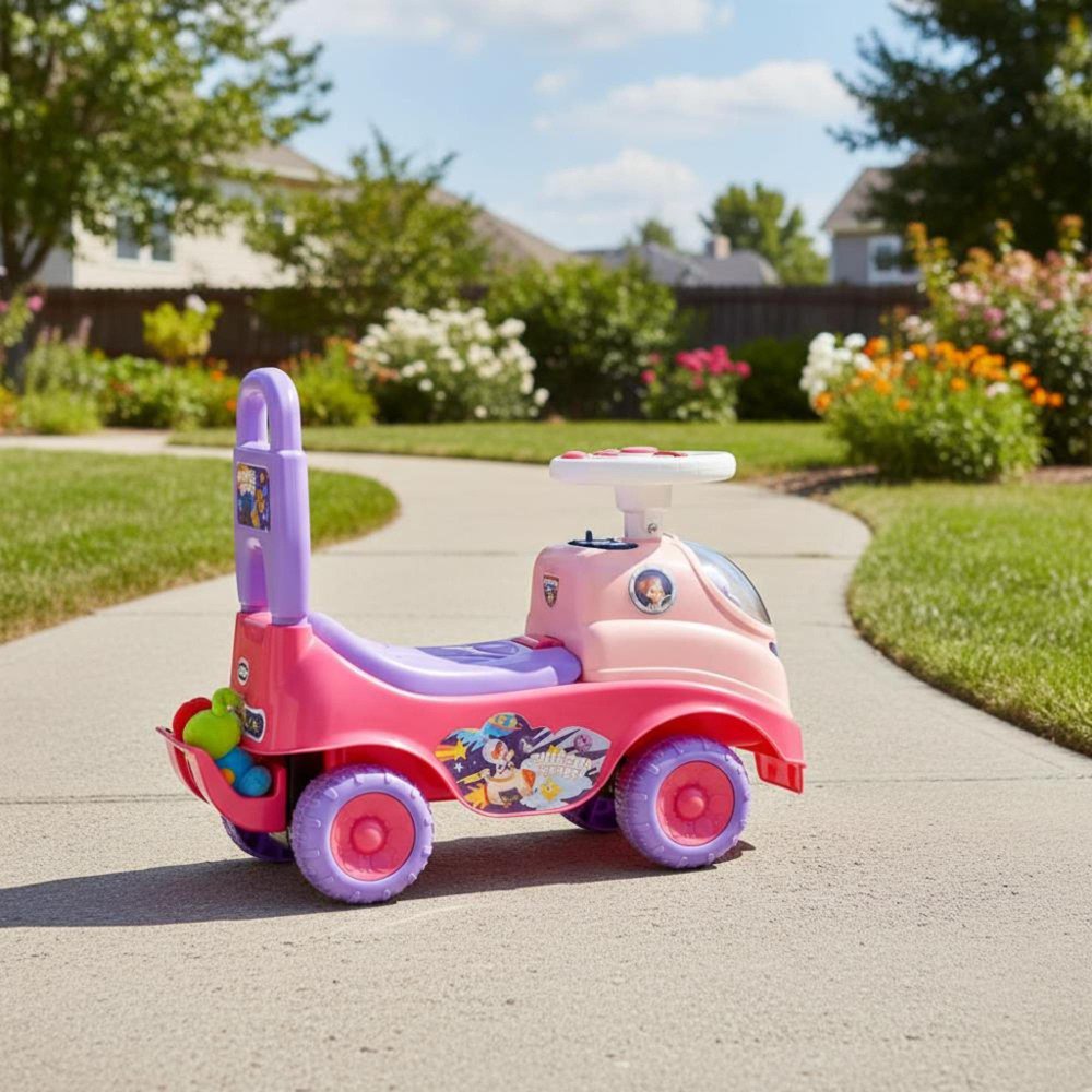Toddler Ride On Push Car, with horn, music, under-seat storage, foot-to-floor walker, pink