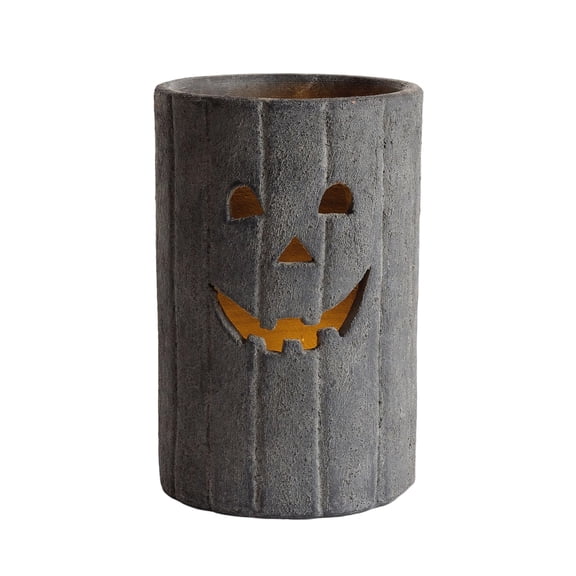 QLUEWX Resin Cylindrical Jack O Lantern LED Lamp, Neutral Tone Farmhouse Halloween Pumpkin Light, Rustic Fall Tabletop Mantel Decor Night Light Ornament for Home Party Holiday Gift