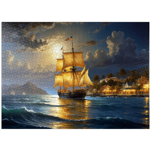 MyPuzzle - Majestic Tall Ship Under Moonlit Sky - Premium 1000 Piece Jigsaw Puzzle for Adults