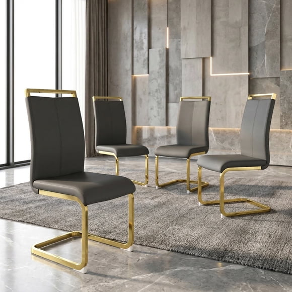 Sumdeal Dining Room Chairs Set of 4, Gray PU Leather Chairs with Gold Frame High Back Comfortable