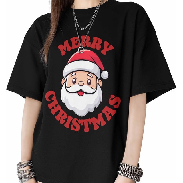 T Shirts for Womens Merry Christmas Santa Claus Short Sleeve Graphic Tees Loose Fit T-Shirt Cotton Casual Tops