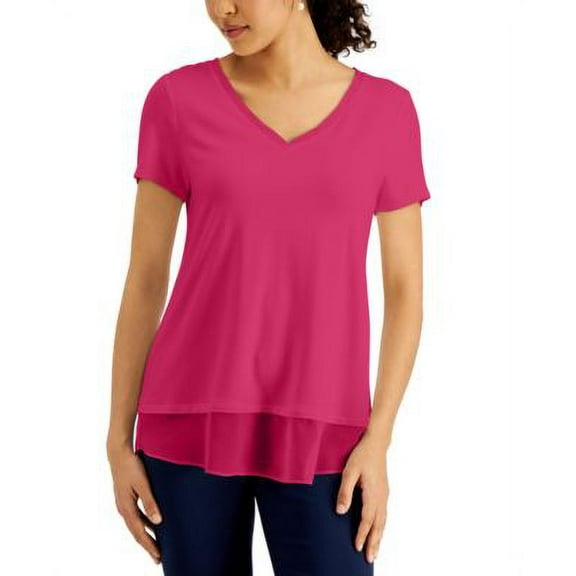 MSRP $40 Jm Collection Women V-Neck Sheer-Hem T-Shirt Pink Size Small