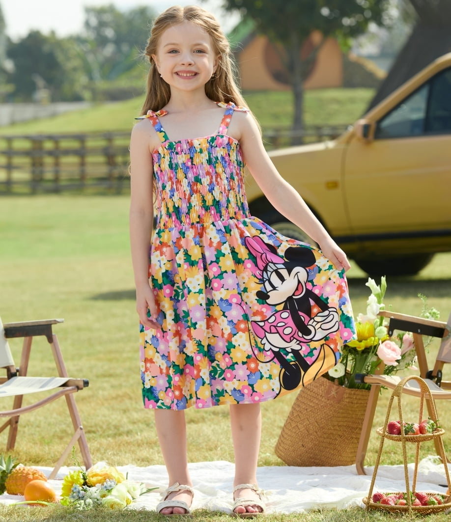 Disney Girls Dresses Minnie Mouse Graphic Flower Bow Floral Sundress Spaghetti Strap Spring Summer Birthday Dress Kids 8-9Y
