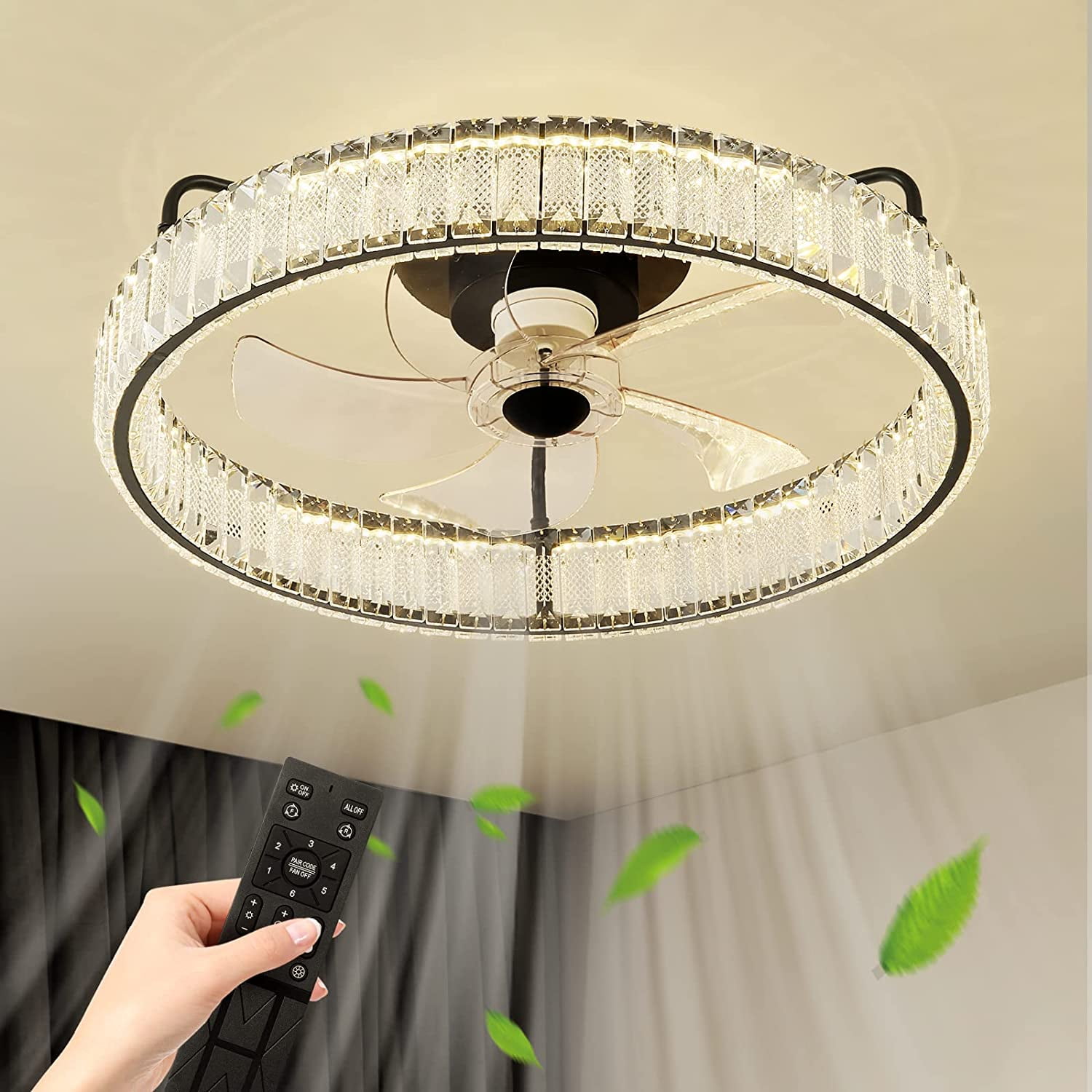 BBNBDMZ 19 Inch Flush Mount Crystal Ceiling Fan Light Modern Enclosed