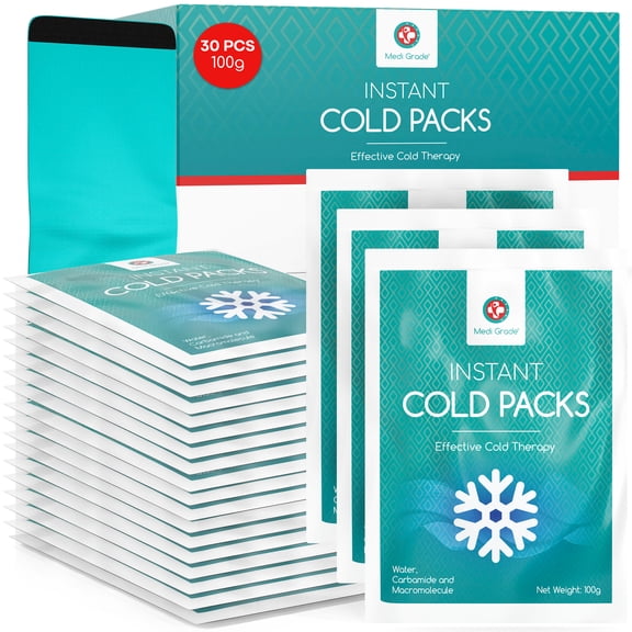 Medi Grade Instant Cold Packs, 30 Packs of 3.5oz (4.5”x6”)- Disposable Cold Packs for Cooling Relief, No Freezer Needed - Cold Pack for Injuries, Knee and Ankle Cold Pack Wrap with Stabilisation Band