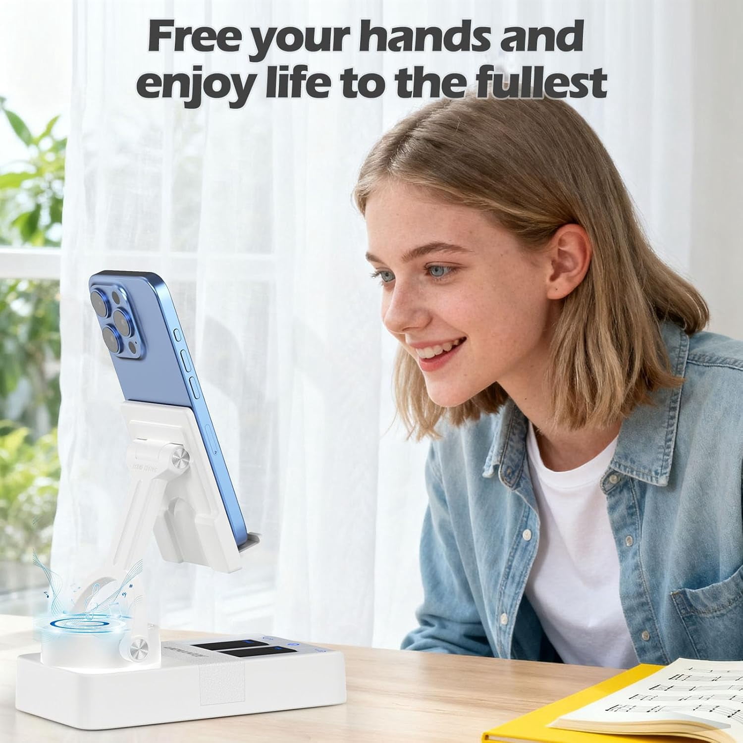 RGHJAR-Cell Phone Stand with Bluetooth Speaker and Charging Stand,Piano Keys Design,Music Lovers & Teacher Gifts,Birthday Gifts for Men Women Dad Mom,Cool Tech Gadgets-White