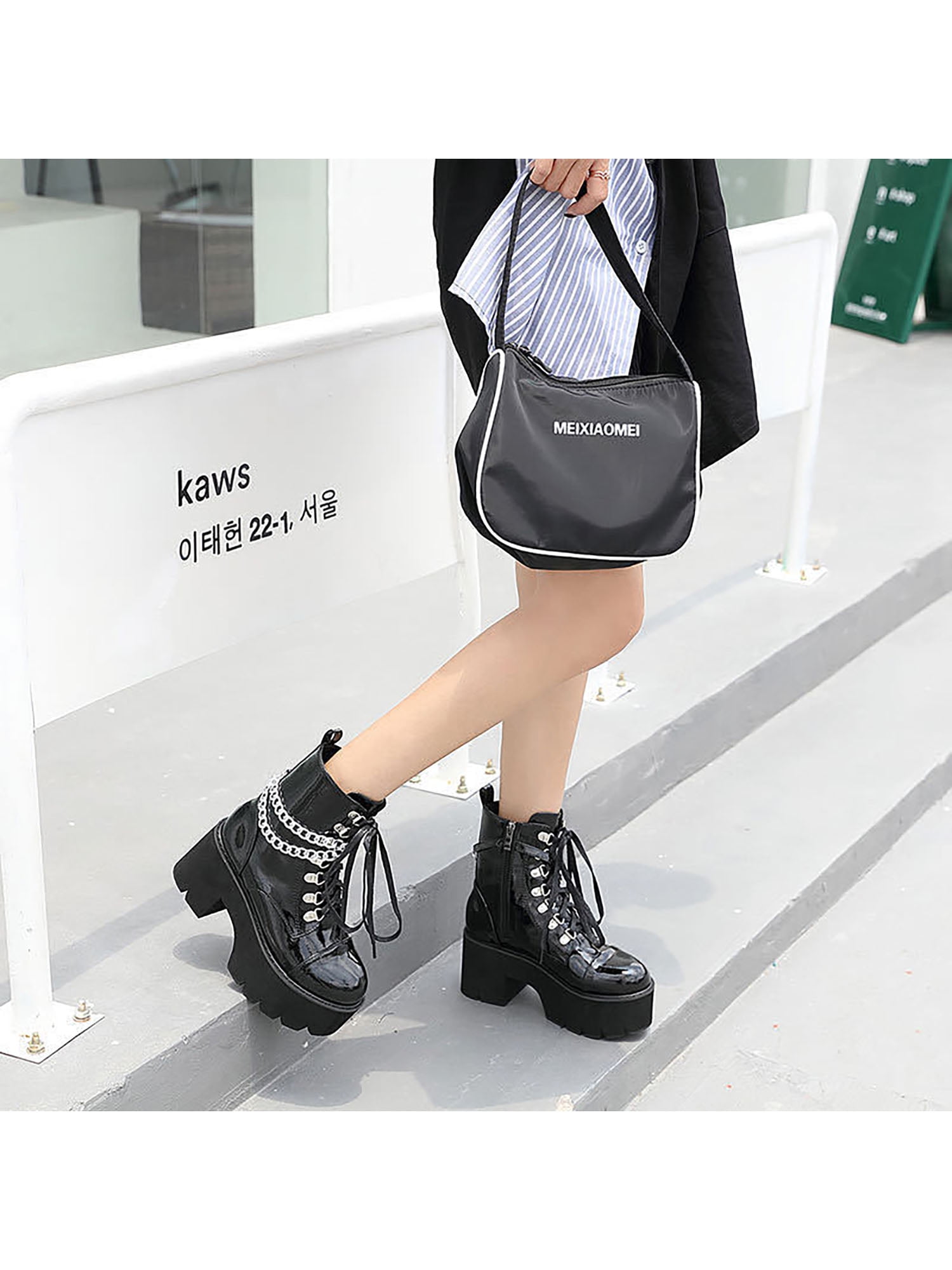 2016 Womens chunky heel platform lace-up punk goth creeper ankle boots  shoes