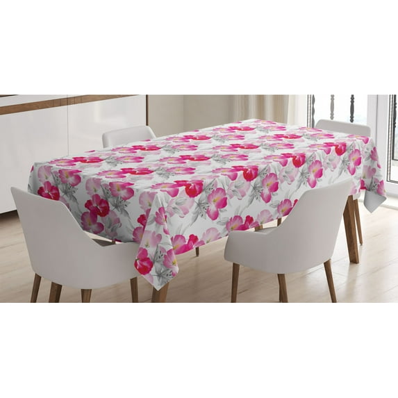 Floral Tablecloth, Watercolor Poppy Flowers Vivid Color Environment Image Romantic Plants, Rectangle Satin Table Cover Accent for Dining Room and Kitchen, 60" X 90", Magenta Pink Grey, by Ambesonne