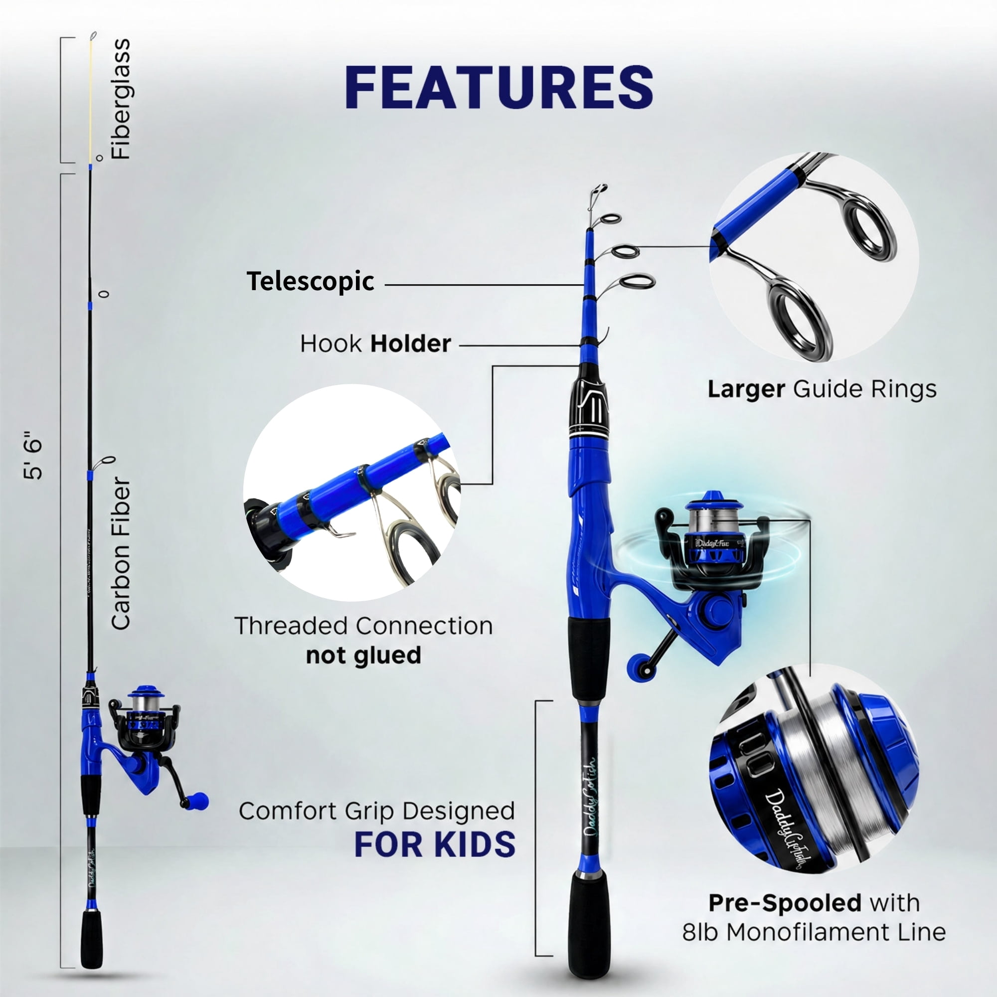 DaddyGoFish Spinning Fishing Rod and Reel Combo Set with Tackle Box | Fishing Pole | Carbon Fiber Telescopic Fishing Rod Kit | Spinning Reel for Travel Saltwater Freshwater Fishing Gear Kit