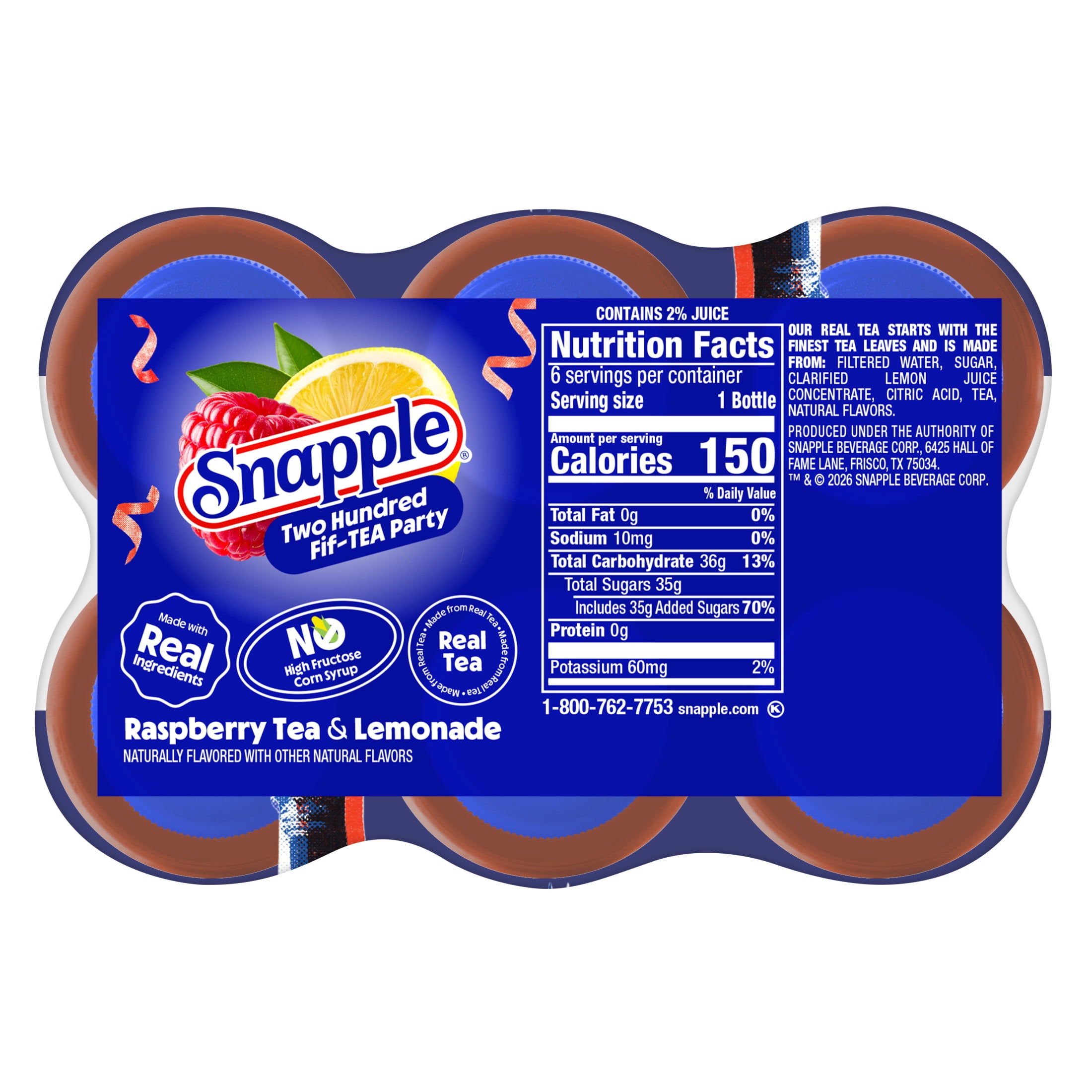 Snapple Raspberry Tea & Lemonade, Two Hundred Fif-TEA Party, Limited Edition, 16 fl oz, 6 Count Bottles