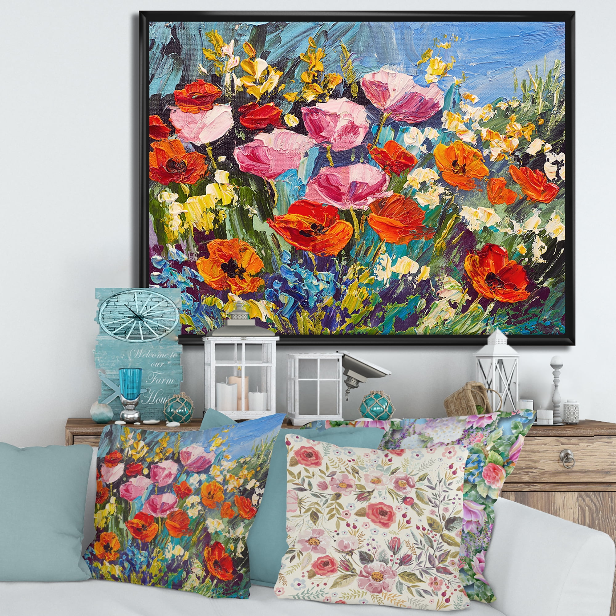 Designart 'Colorful Spring Poppies In Field' Traditional Framed Canvas Wall Art Print