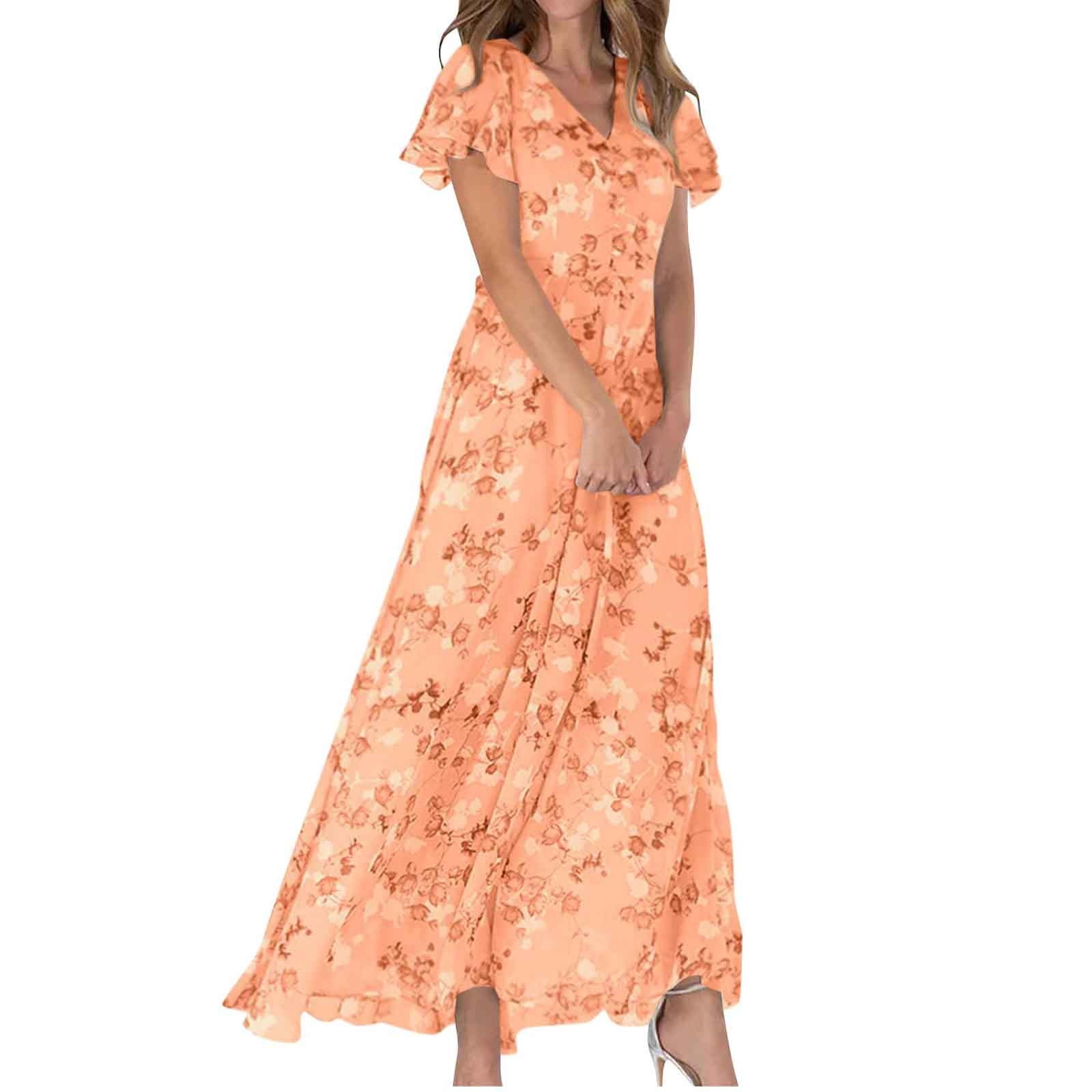 JYLPZYR Petite Summer Dresses For Women Women'S Fashionable Summer Casual Floral V Neck Short Sleeved Long Dress Long(Orange,XXL)