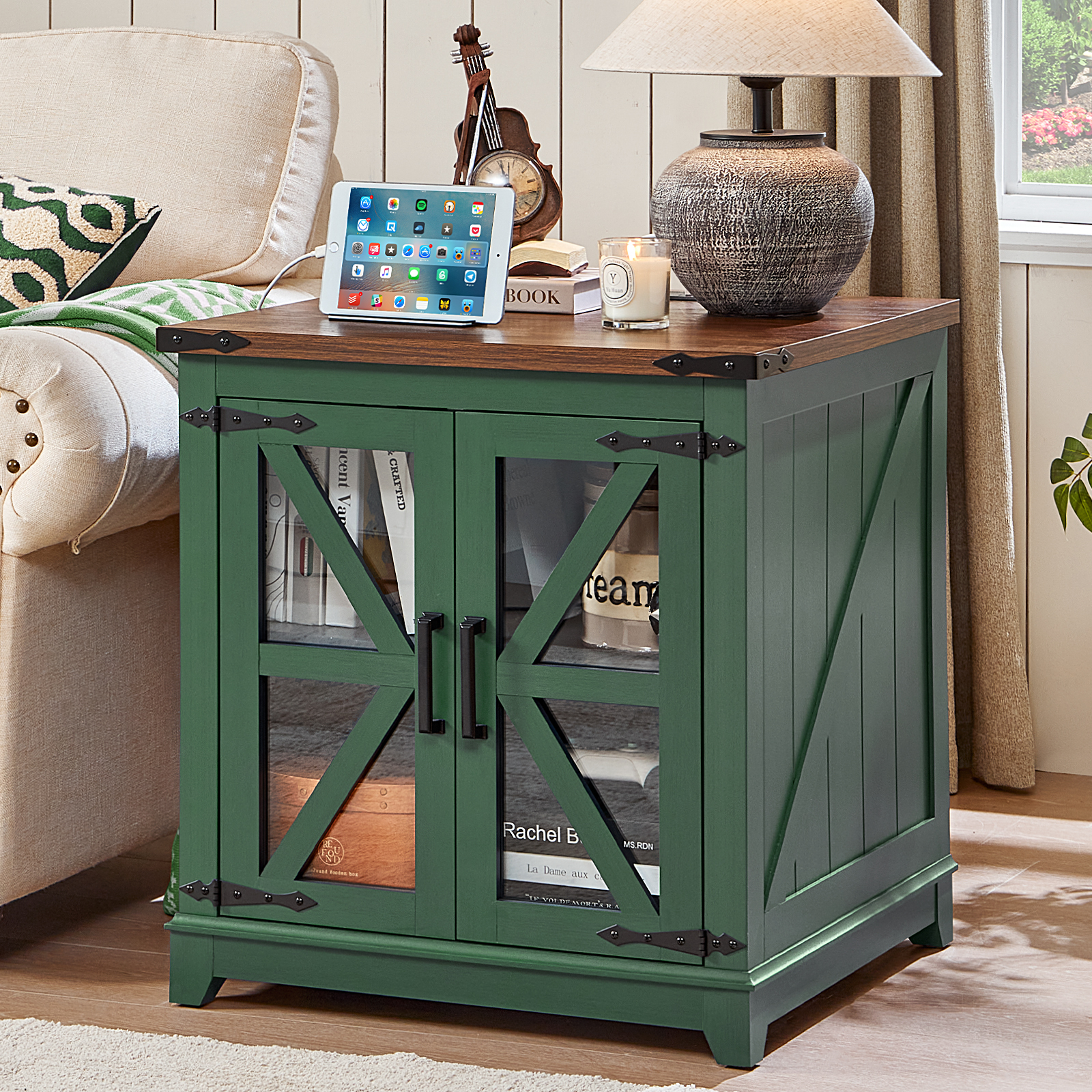Joaxswe Farmhouse End Table with Power Outlets, Glass Door, Adjustable Storage Shelf, 24" Sidetable for Living Room, Bedroom, Office - Green