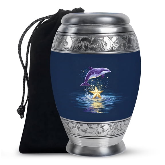 Purple Dolphin Urn for Ashes Adult, Decorative Funeral Urn - Dolphin & Star Fish Theme Cremation & Memorial Sharing Urns for Ashes with Lid - 6inch, Large Size with Velvet Bag - 1pcs