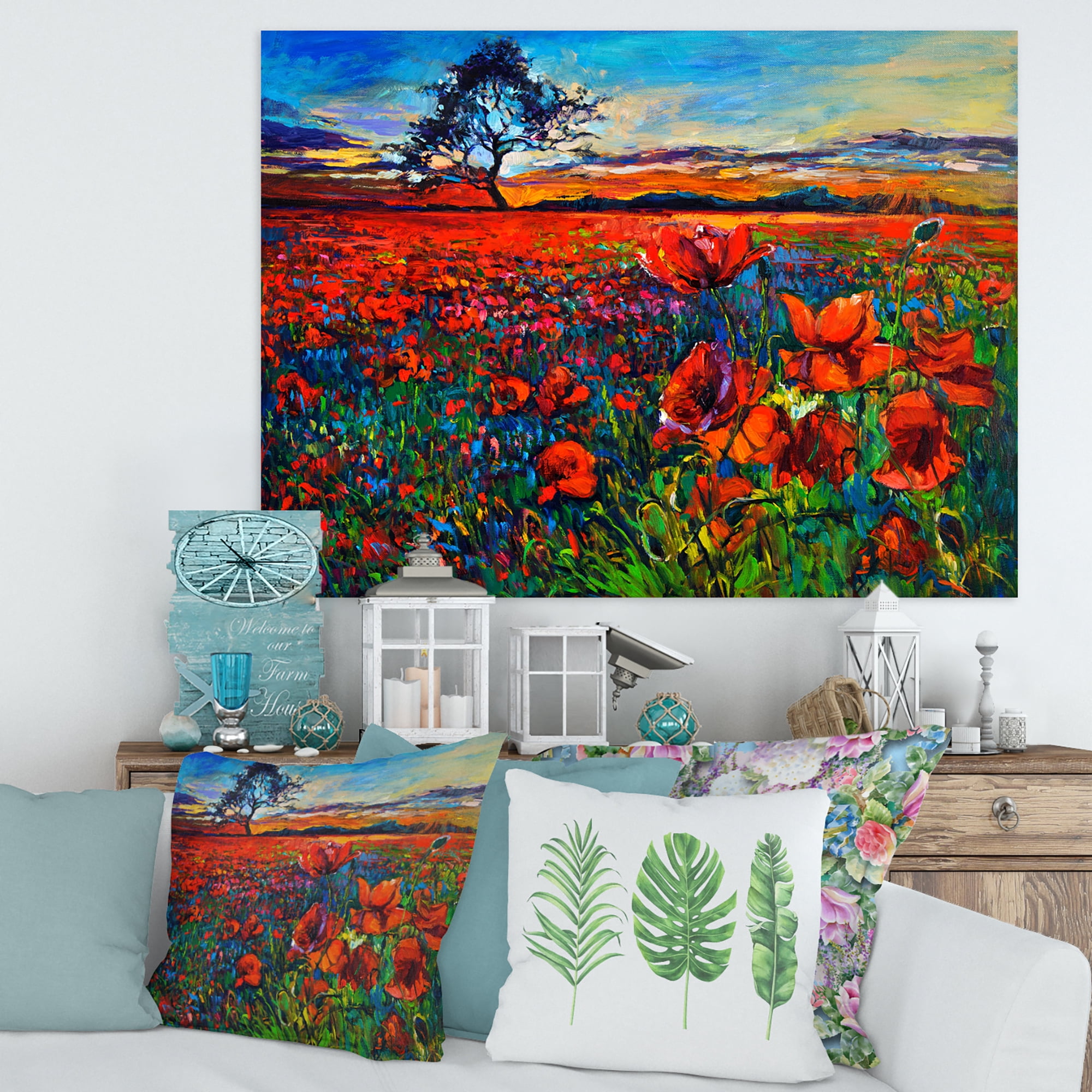 Designart ' Blossoming Red Poppy Fields With Distant Tree ' Traditional Canvas Wall Art Print