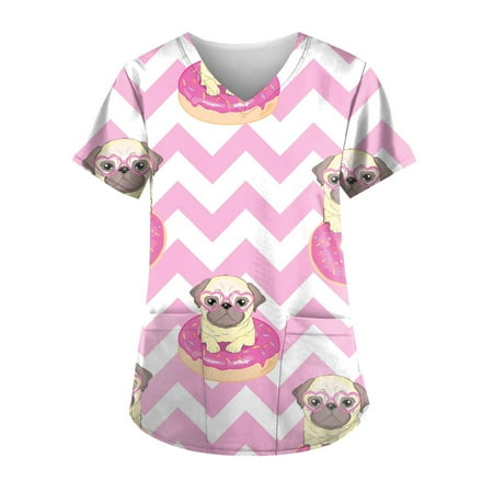 

CHMORA Scrub Tops Women Print Print Nurse Uniforms for Women Short Sleeve V-Neck Shirts Tee Tops with Pockets(Pink XXXXXL)