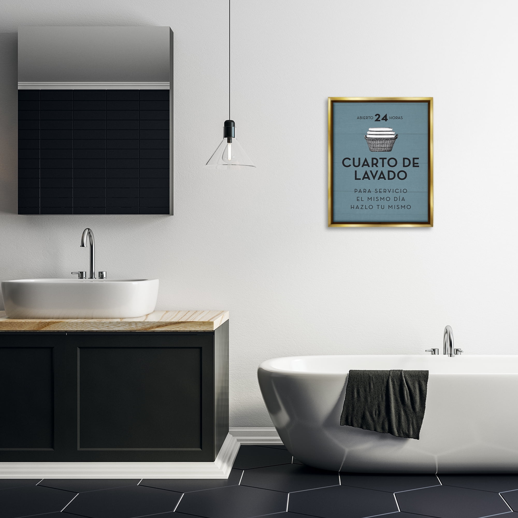 Stupell Industries Publicidad Día de Lavandería, Azul Bath & Laundry Painting Gold Floater Framed Art Print Wall Art, 17 x 21
