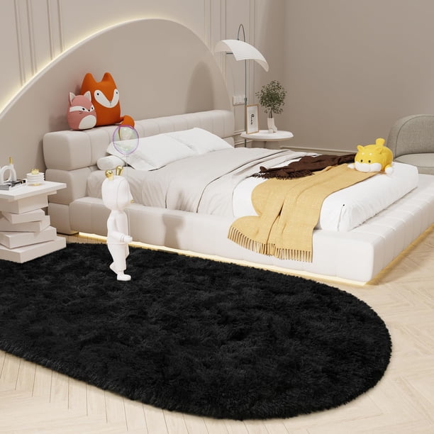 Alfombra LOCHAS 100x190 cm Negra Ovalada y Suave para Al Lado de la Cama
