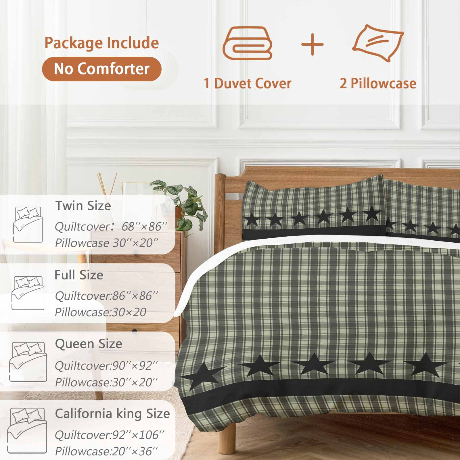 Sage Green Black Plaid Bedding 3 Piece Duvet Cover Set Twin Size, Vintage Star Buffalo Check Rustic Soft Microfiber Comforter Cover with Zipper Closure & Pillowcases, FadeResistant Quilt Cover